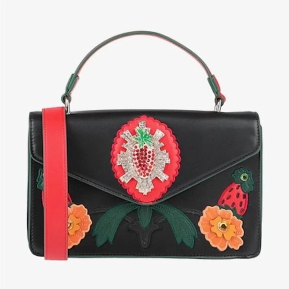 Tosca Blu Black Rhinestone Carrot  Flowers Applique Flap Shoulder Bag Top Handle - Picture 1 of 12